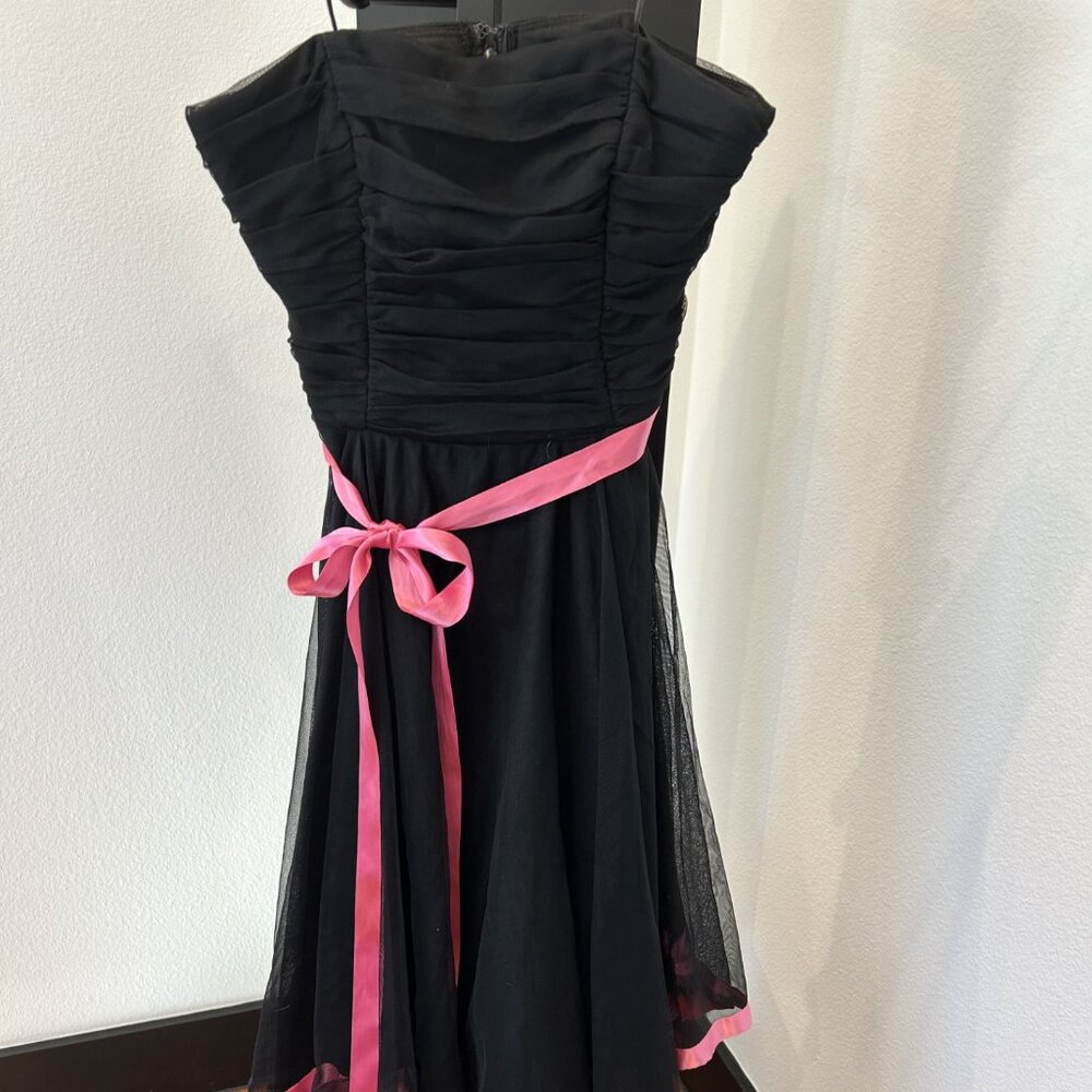Cache Black Pink Ribbon Strapless Ruched Tulle Mesh Handkerchief Dress Y2K 90s 6